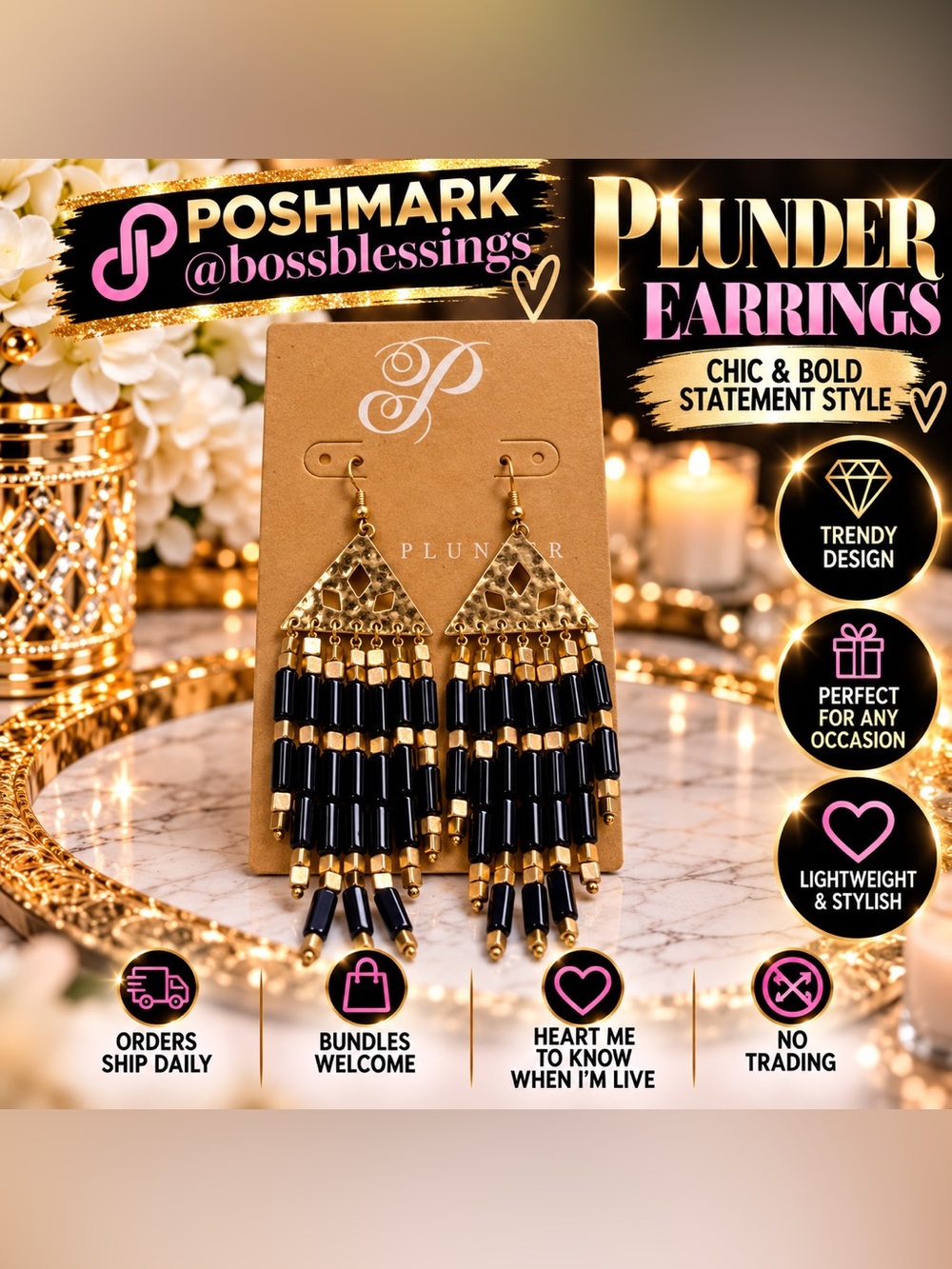 🖤✨ Plunder Black & Gold Beaded Chandelier Statement Earrings